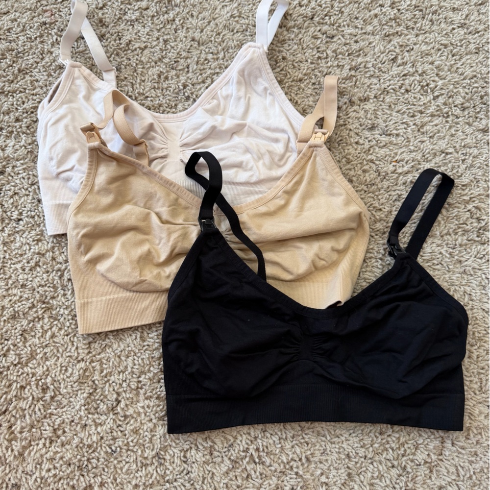 Set of Three Wireless Breast Feeding Bras in Black, Beige, and White